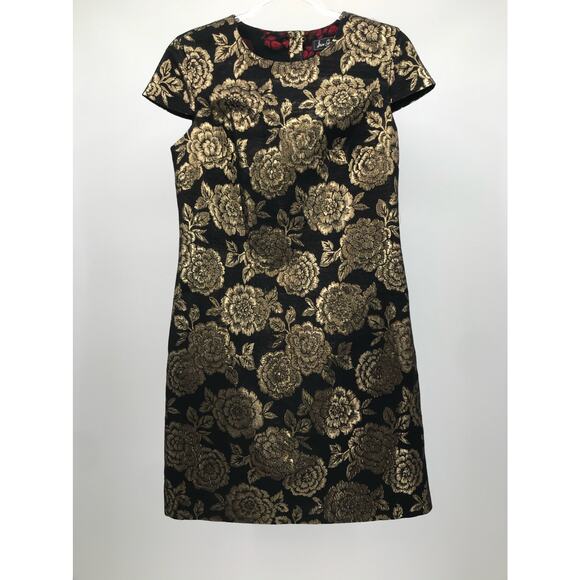 Sam Edelman Black Gold Floral Brocade Cap Sleeve Sheath Dress Size 6 - Picture 3 of 11
